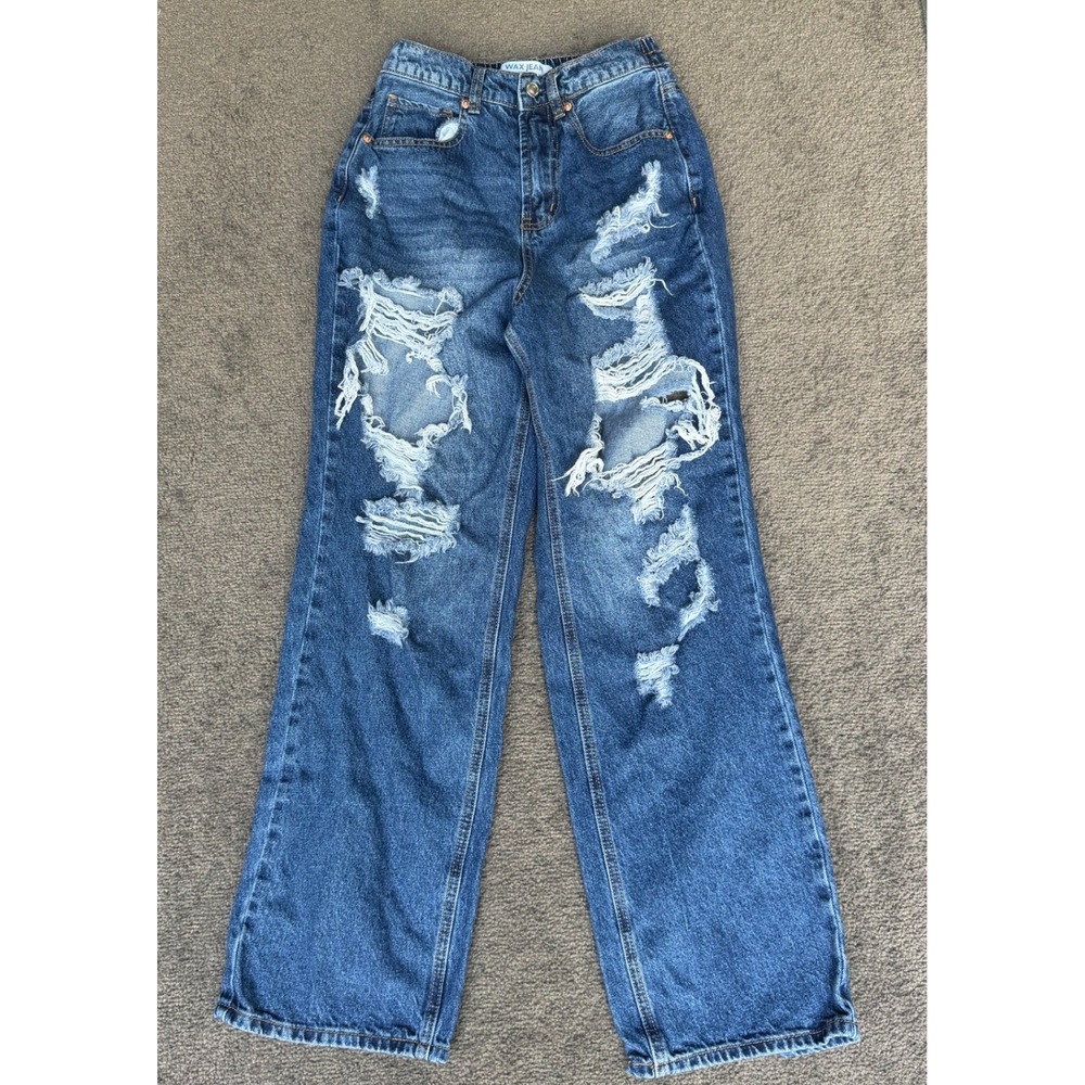 Wax Jean Collection Distressed Wide Leg High Rise Denim Blue Jeans Womens Small